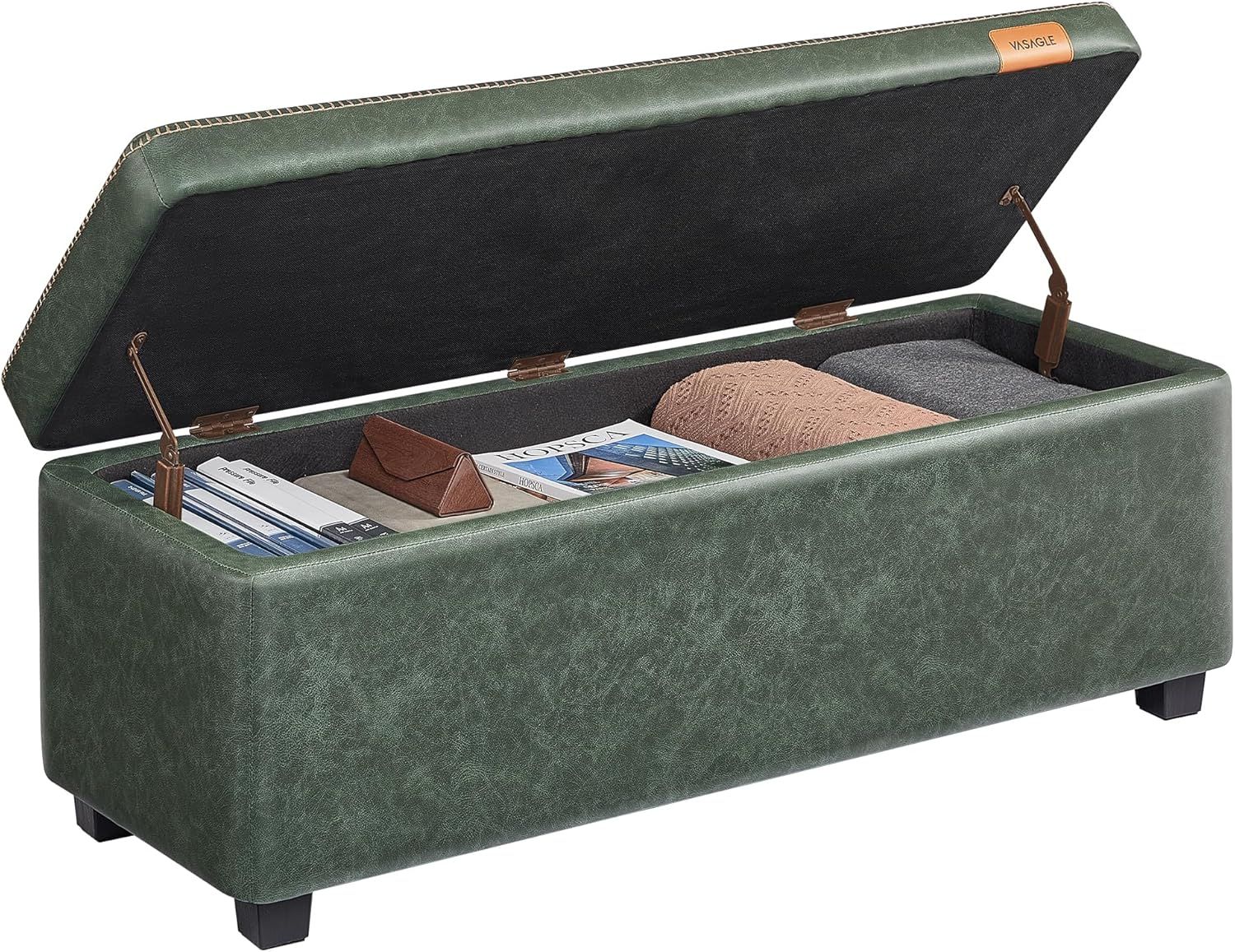 Forest Green Synthetic Leather Storage Ottoman Bench with Stitching