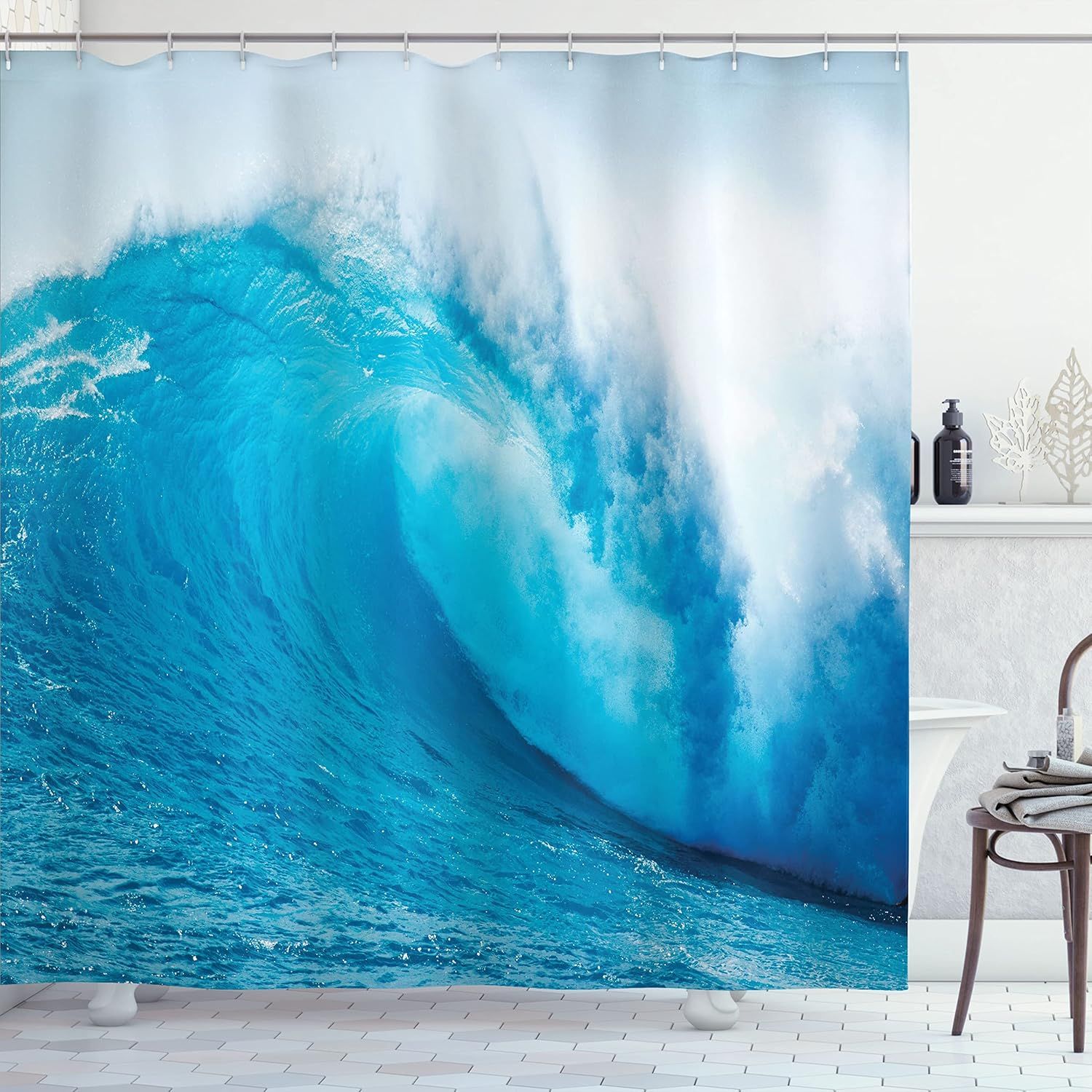 Aqua Blue Ocean Wave Fabric Shower Curtain Set