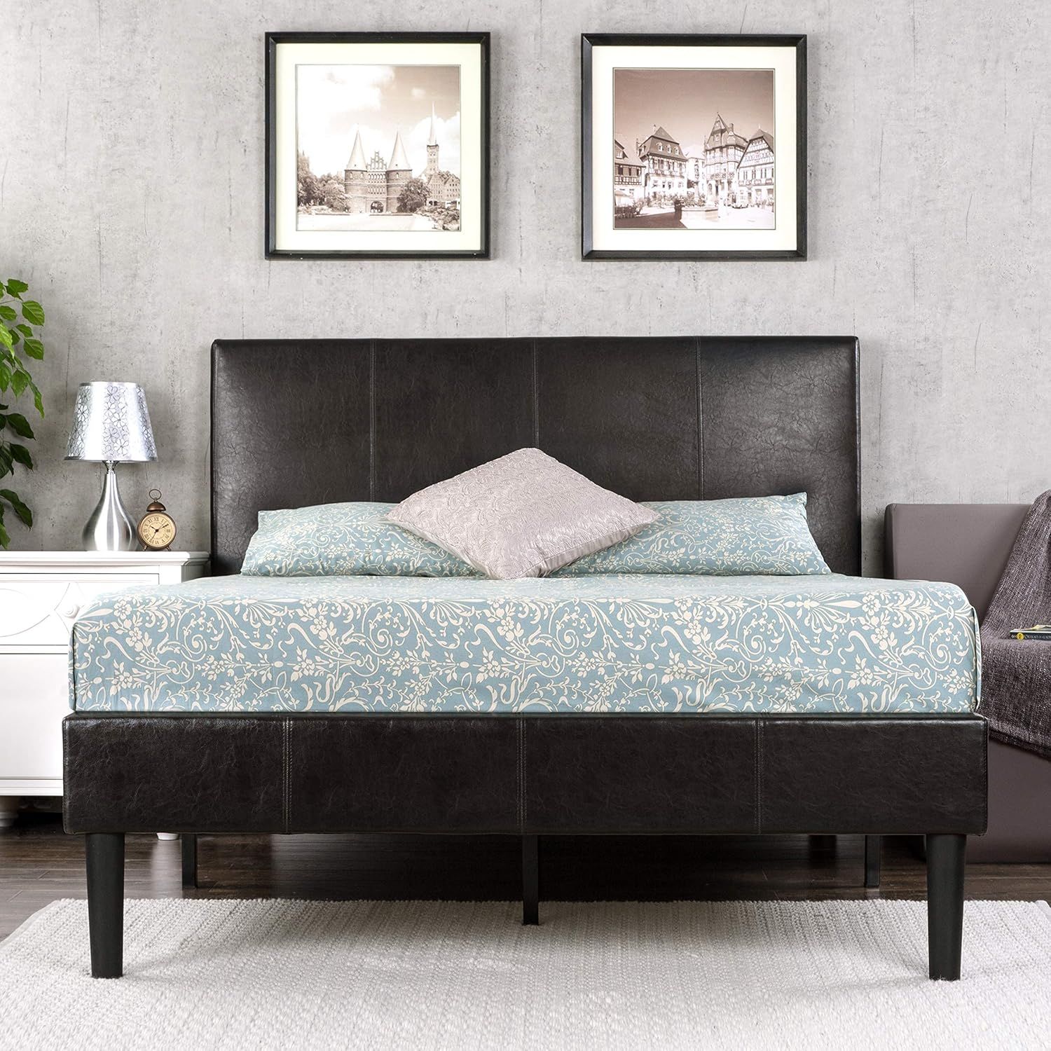 Espresso Faux Leather Twin Platform Bed with Upholstered Headboard