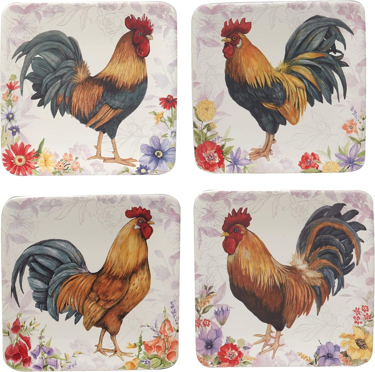 Hand-Painted Ceramic Rooster Square Salad Plates, Set of 4