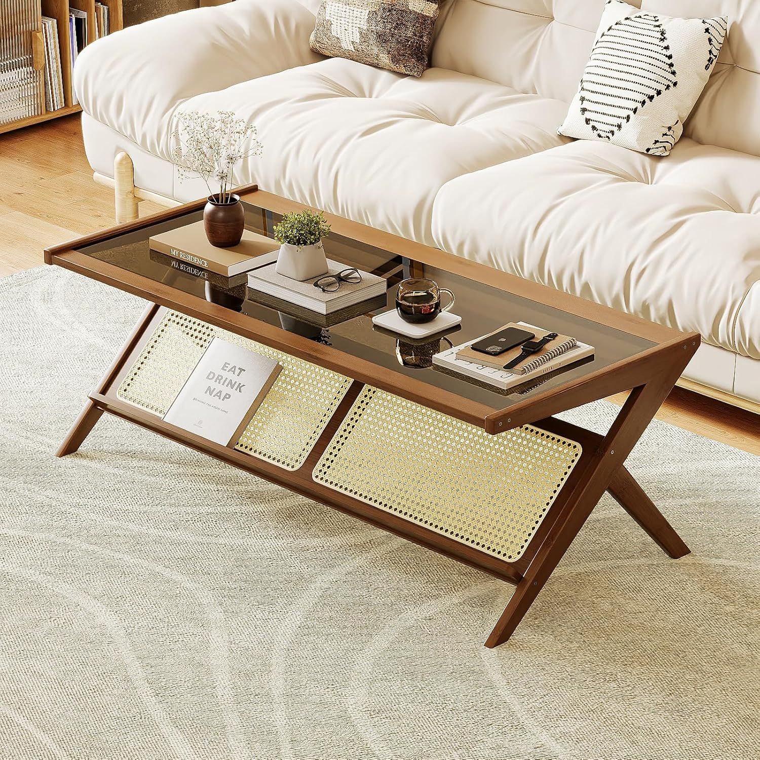 Mid-Century Modern Glass Top Bamboo Coffee Table with Storage