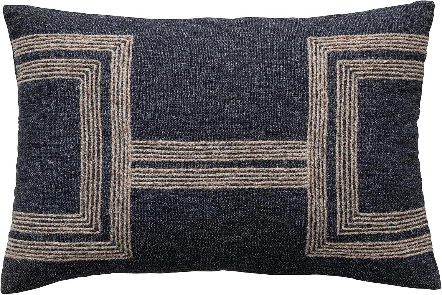 24-Inch Charcoal Cotton Blend Lumbar Pillow with Jute Embroidery