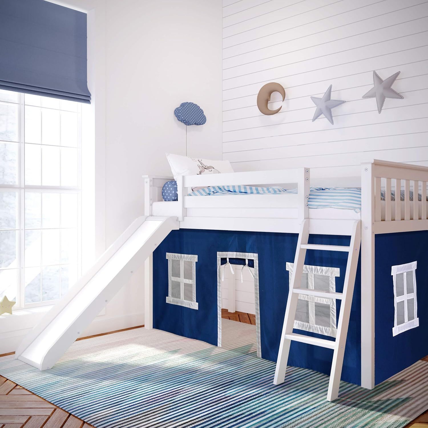 White Pine Twin Loft Bed with Slide and Blue Curtains