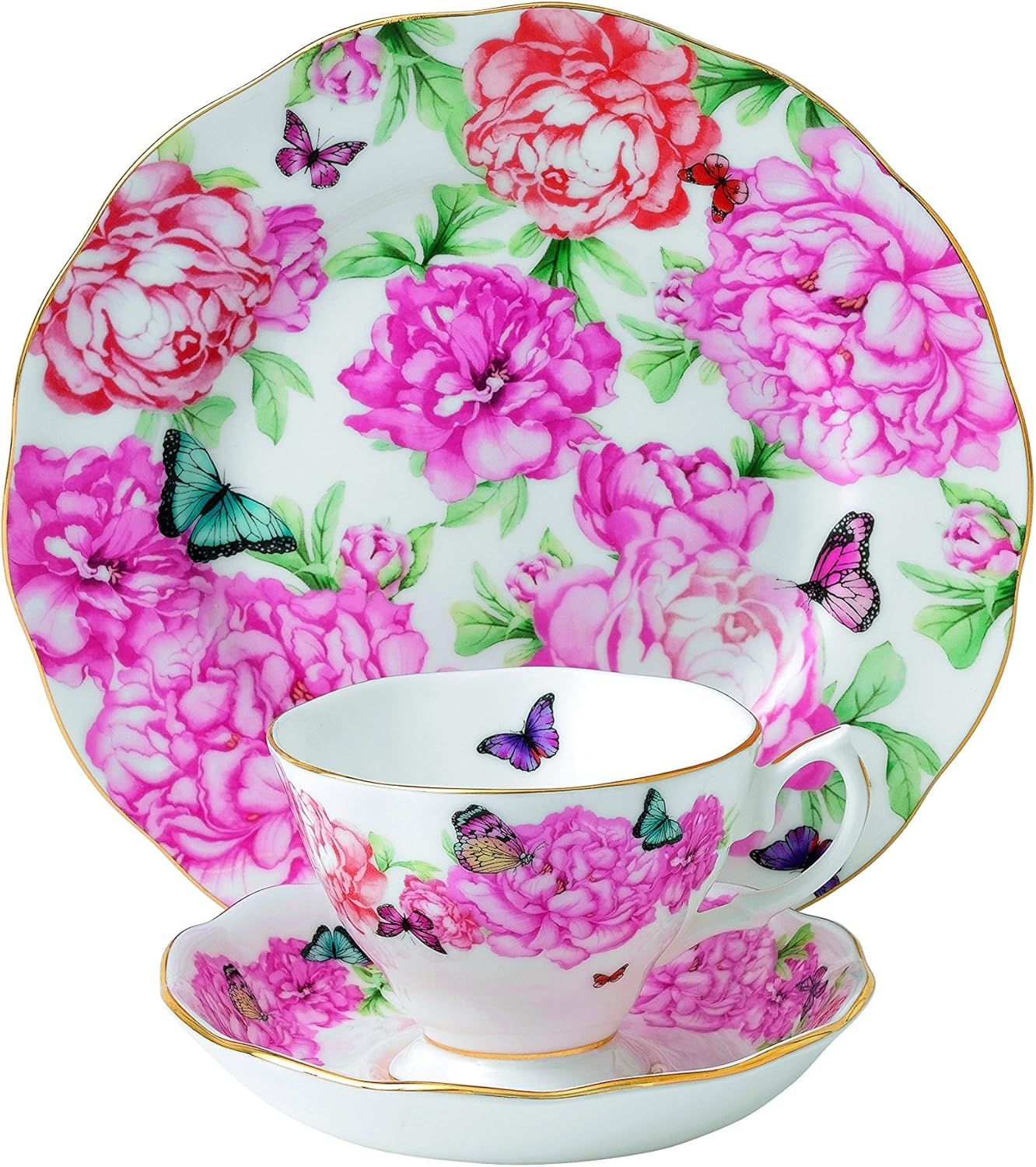 White Porcelain Floral Teacup, Saucer, and Plate Set