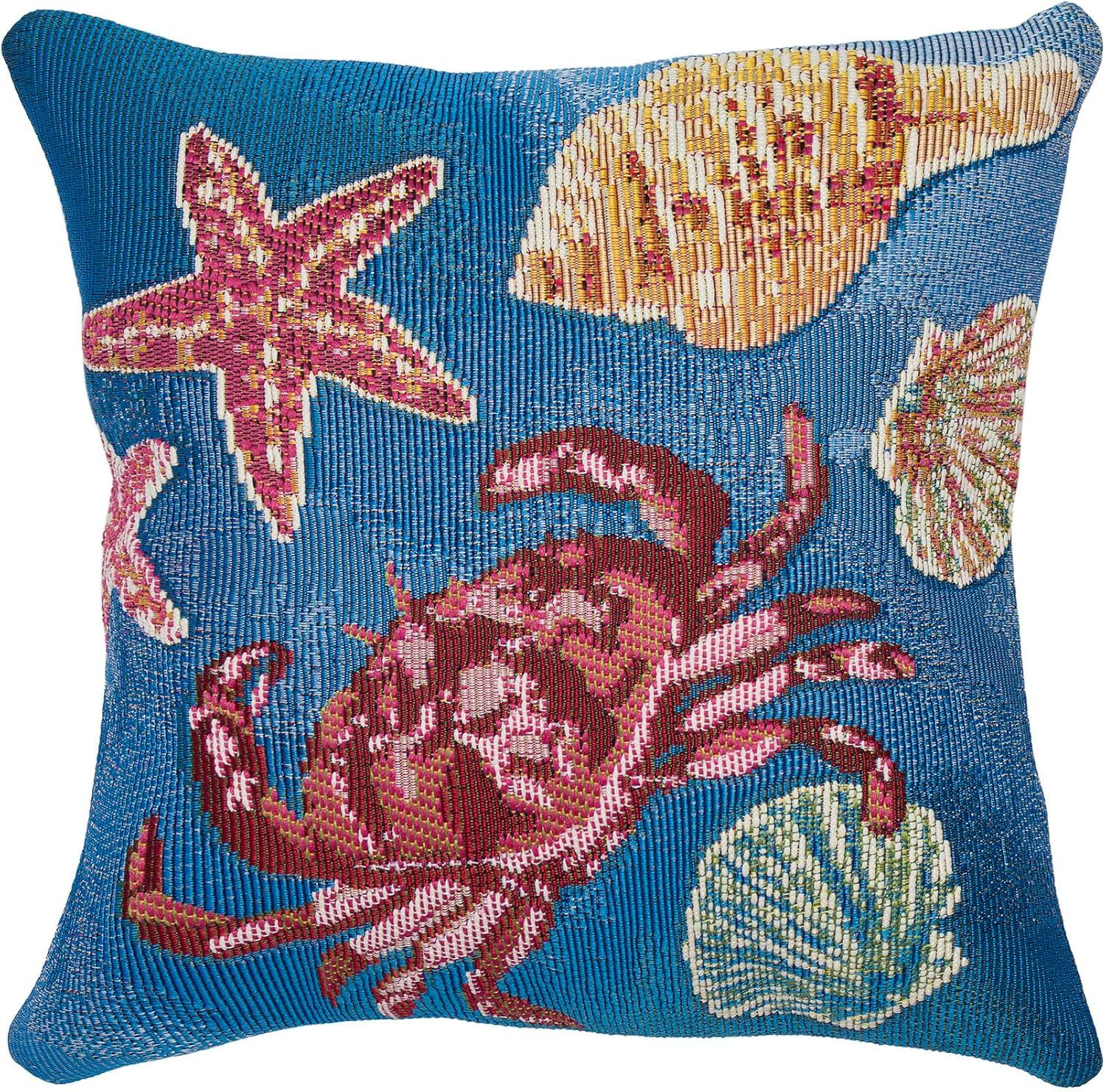 Coastal Blue and Red Shellfish Pattern Round Pillow