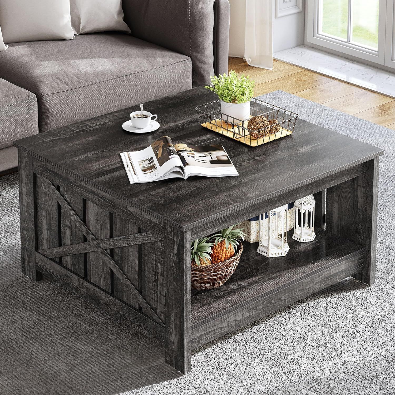 Dark Rustic Oak Square Coffee Table with Storage