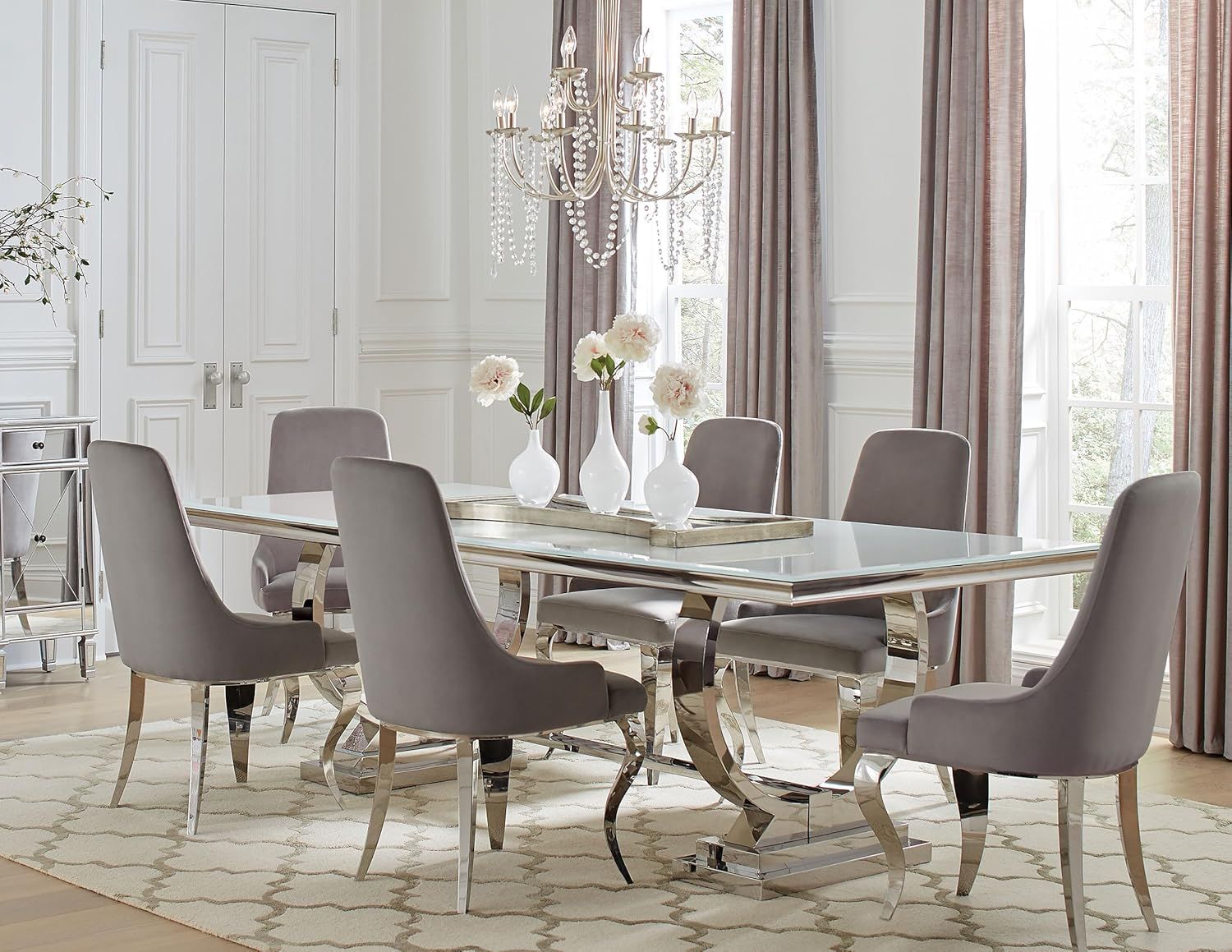 Antoine Chrome and Grey 7-Piece Dining Set with Velvet Chairs