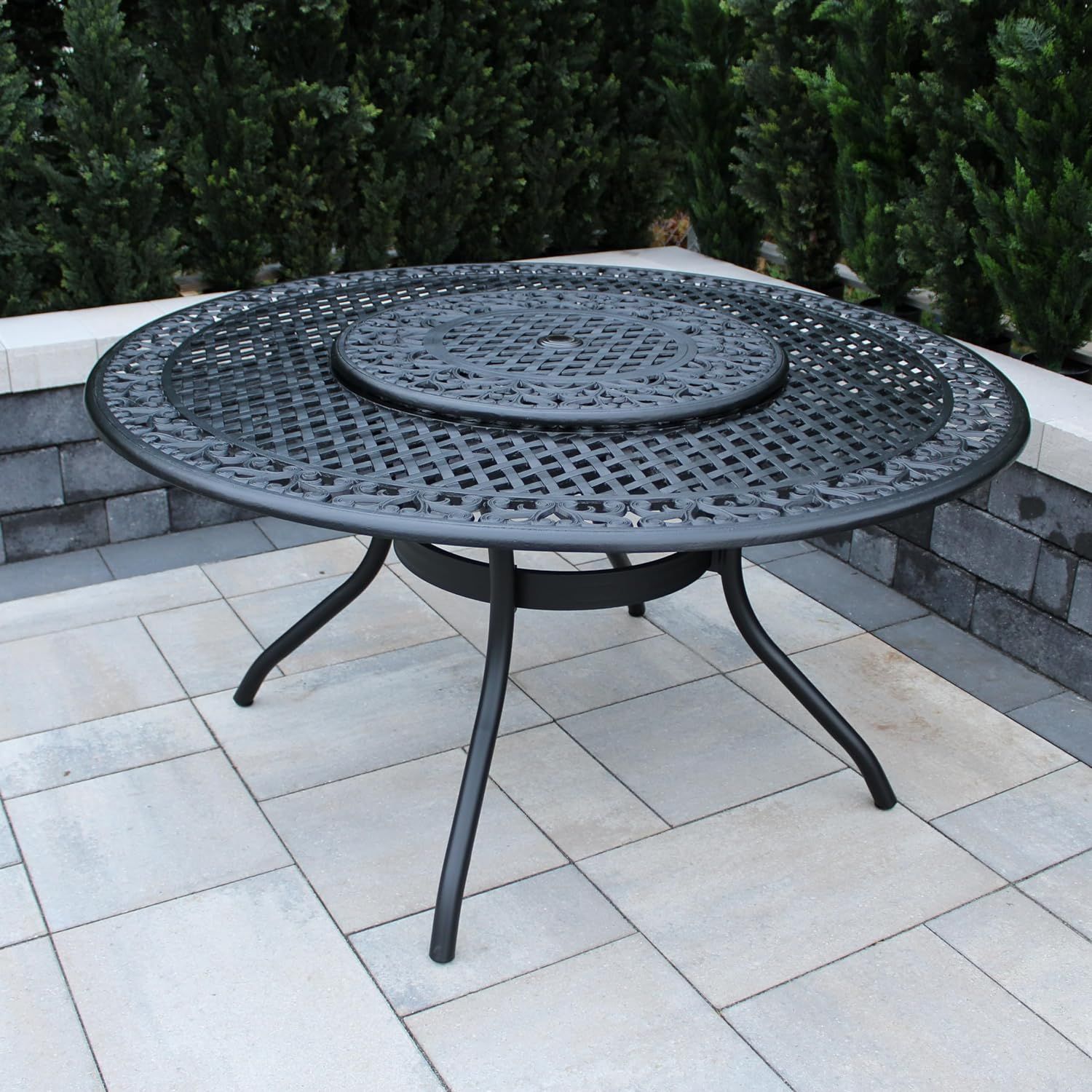 Black Aluminum 59-Inch Round Patio Dining Table with Lazy Susan