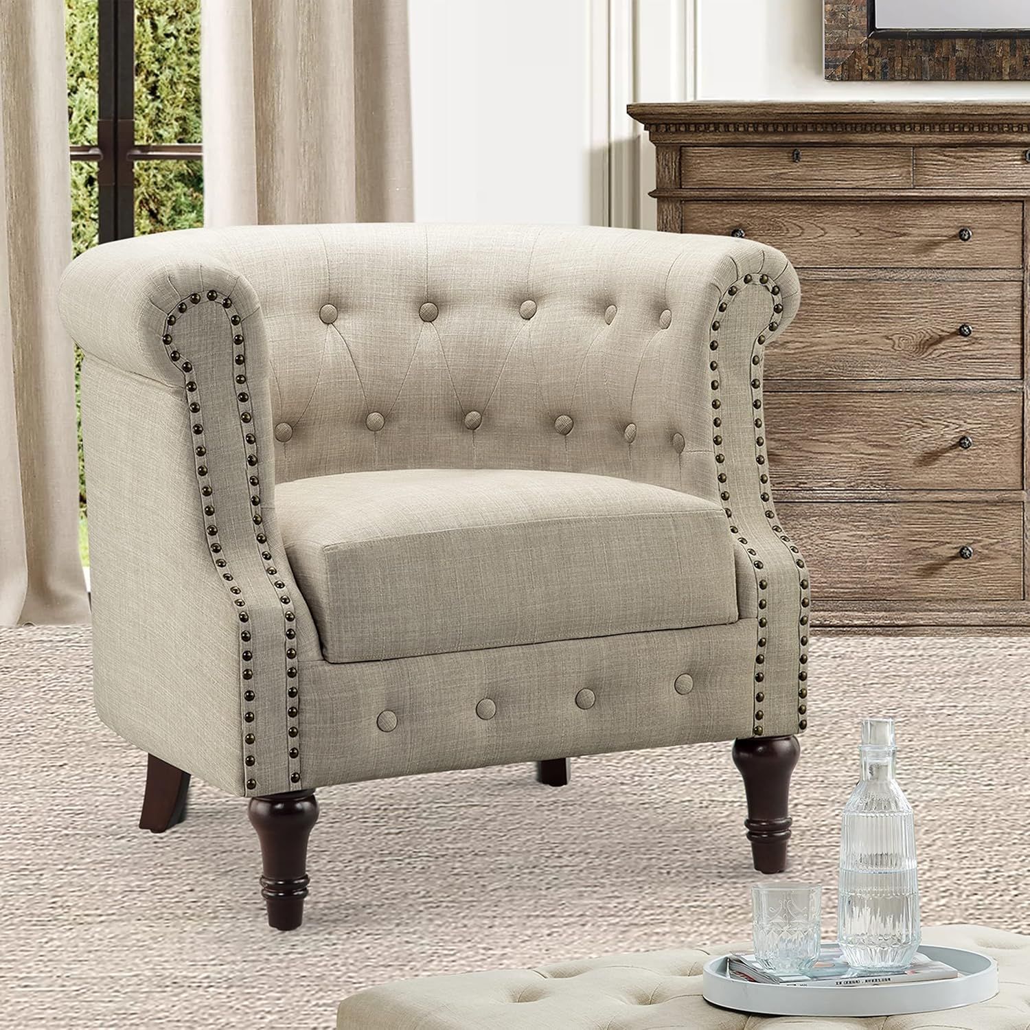 Natural Beige Tufted Barrel Chair with Nailhead Trim