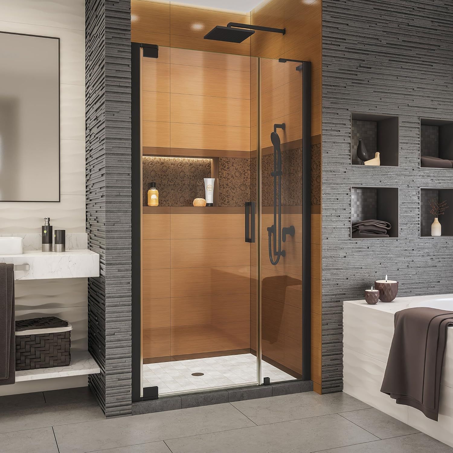 Elegance-LS Frameless Pivot Shower Door with Clear Glass and Black Hardware