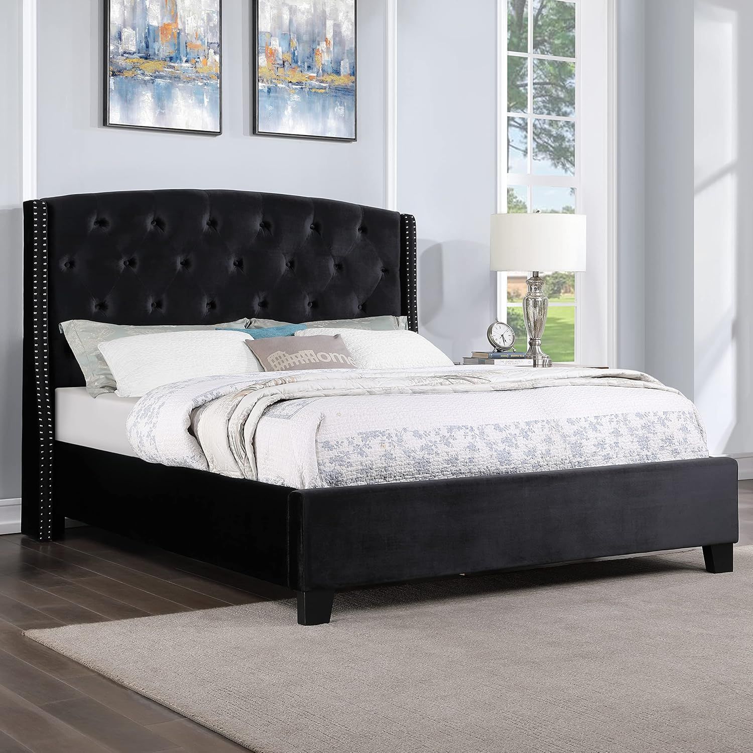 Black Velvet Queen Bed with Tufted Upholstered Headboard and Nailhead Trim