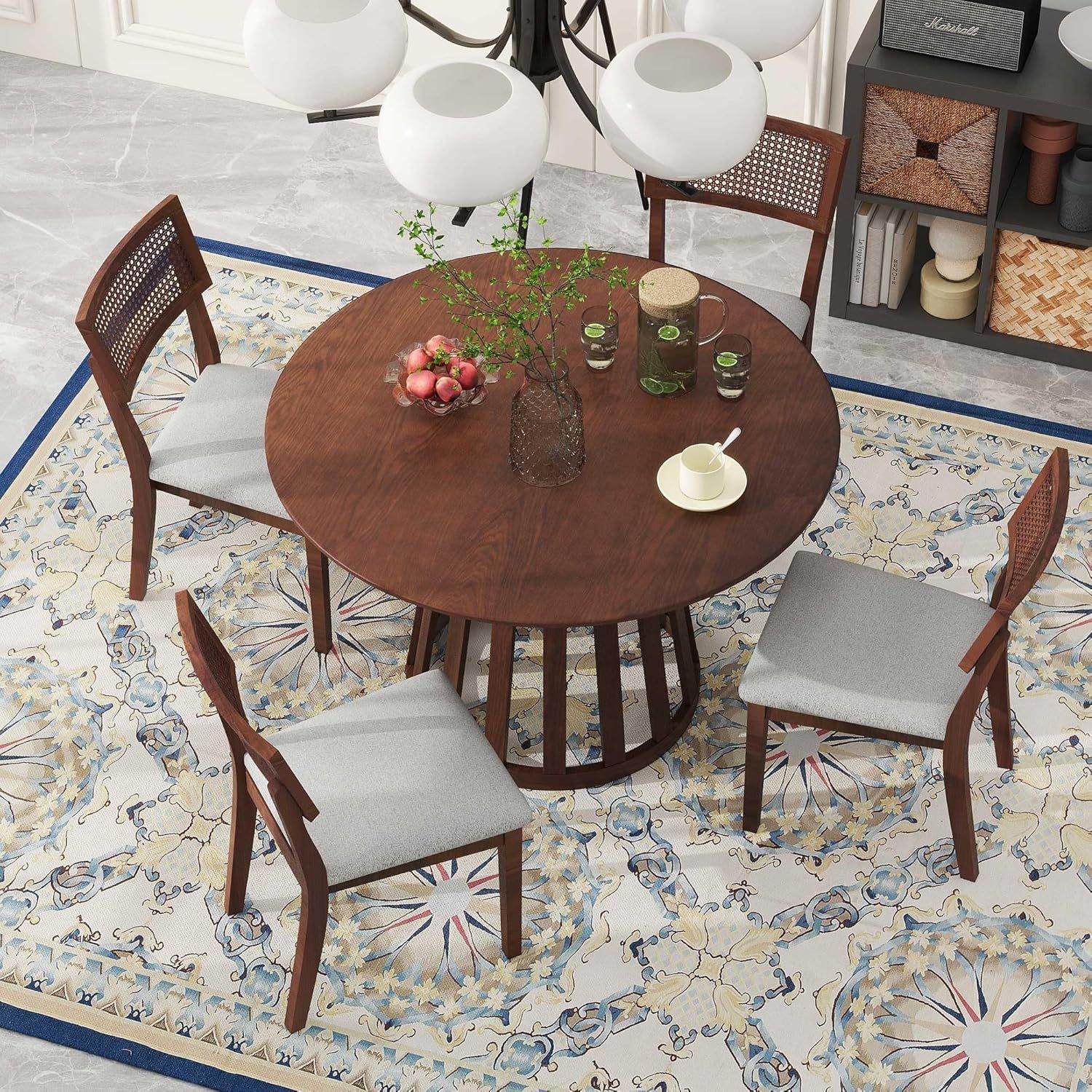 Walnut Round Dining Table Set with Rattan Backrest Chairs