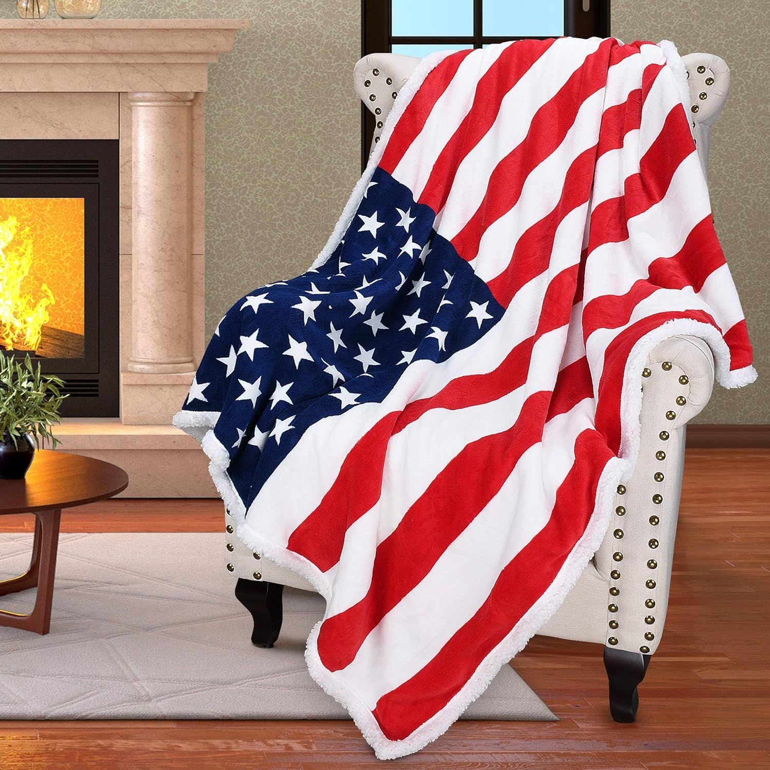 Catalonia Patriotic US Flag Blanket, American National Flag Throws, Sherpa Fleece Reversible Blanket for Couch Bed Decor, 4th of July Citizenship Veteran Presidents' Day Gift