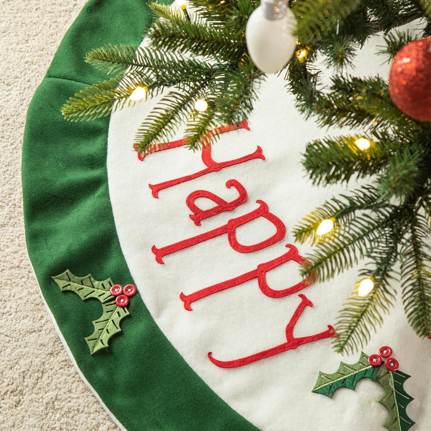 48" Green and White Felt Christmas Tree Skirt with Holly Leaves