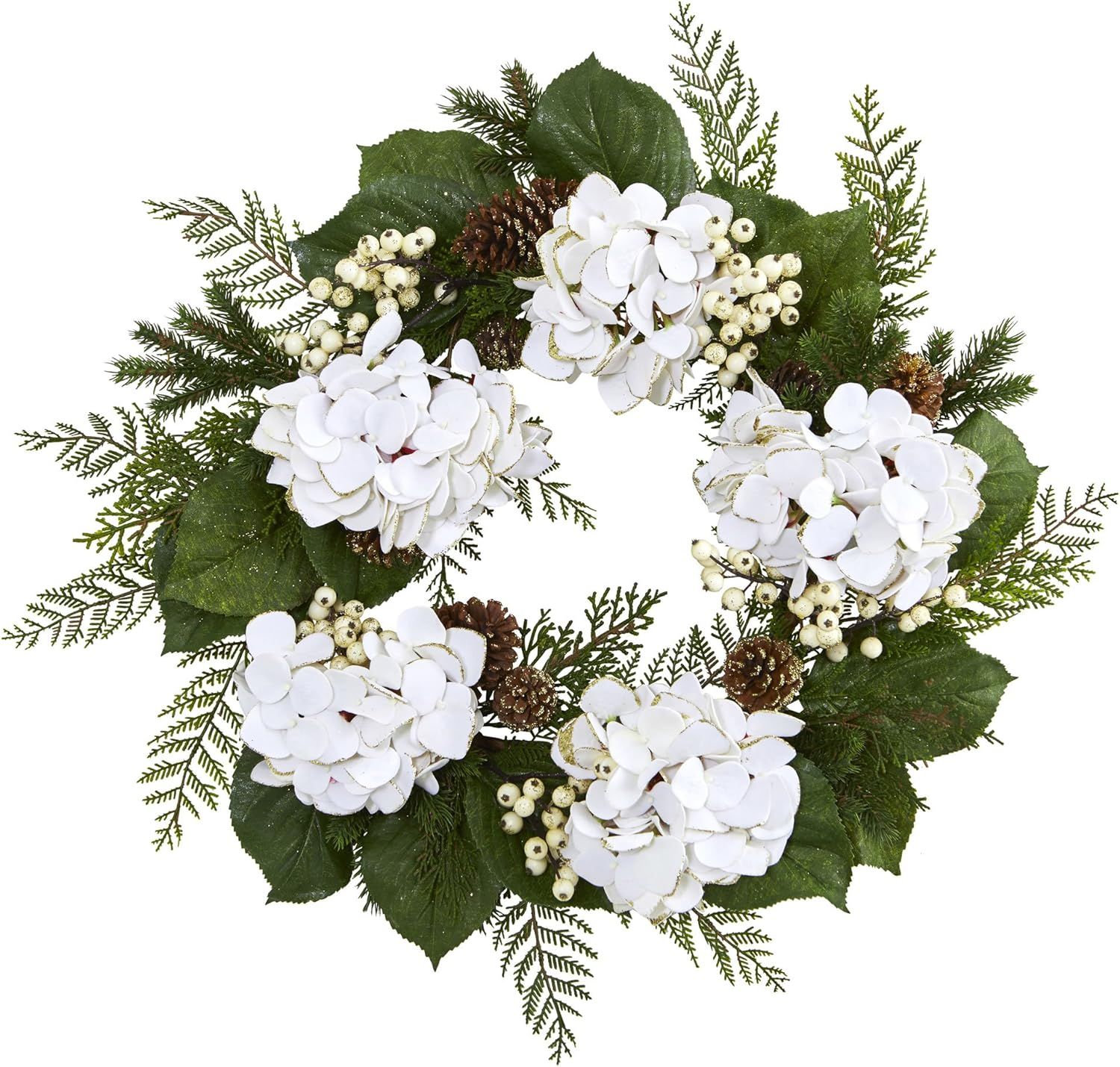 Gold Trimmed White Hydrangea and Berry Wreath