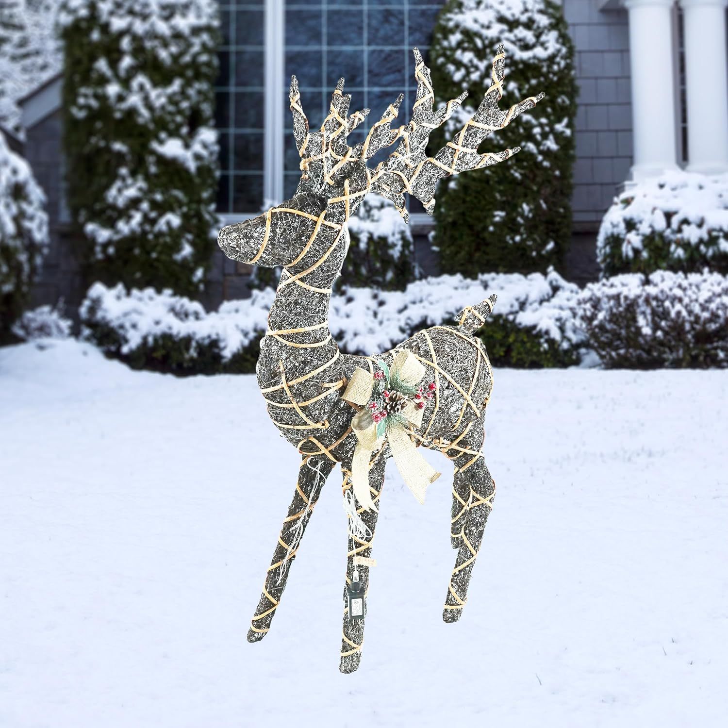 Natural Rattan Wrapped Reindeer with Warm White LED Lights