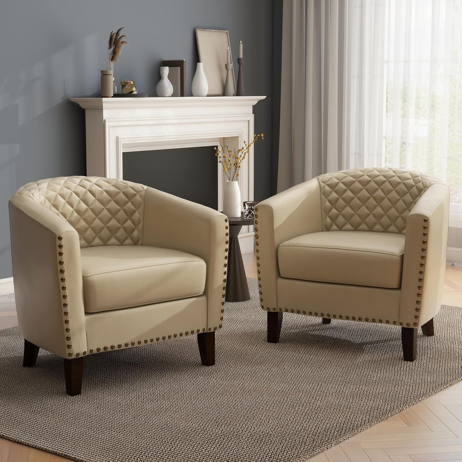 Beige Faux Leather Barrel Accent Chair with Nailhead Trim