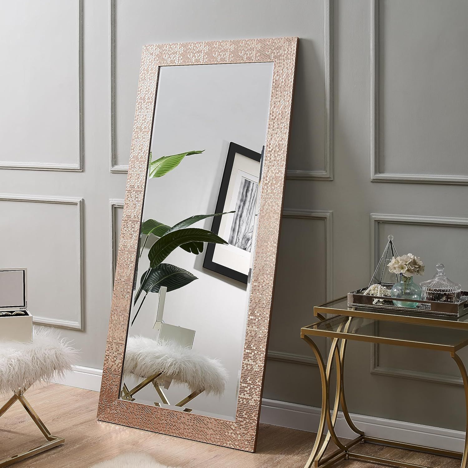 Elegant Full-Length Rectangular Wood Mirror with Gold Mosaic Frame