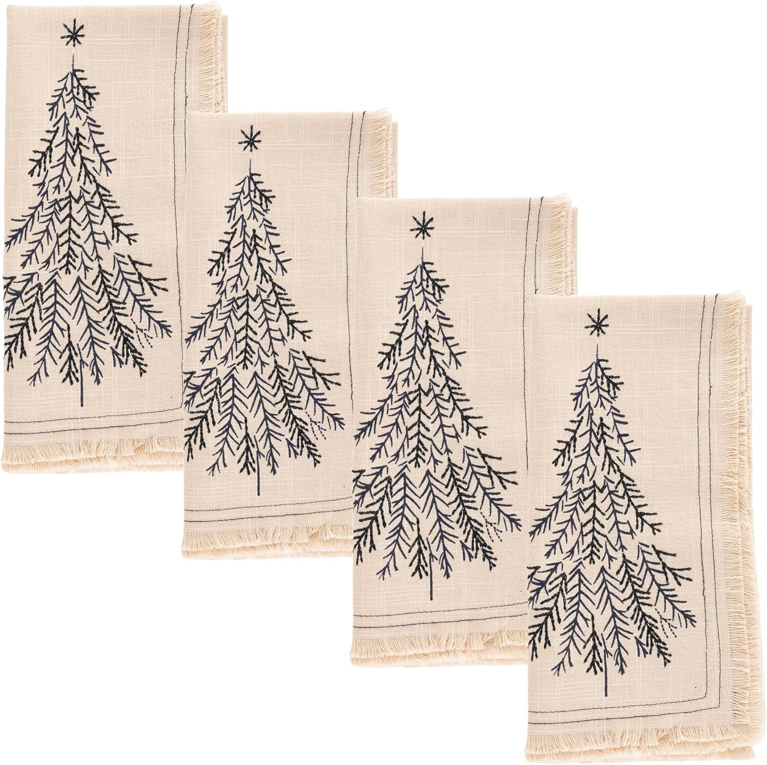 Karma Embroidered Beige Cotton Christmas Tree Dinner Napkins Set of 4