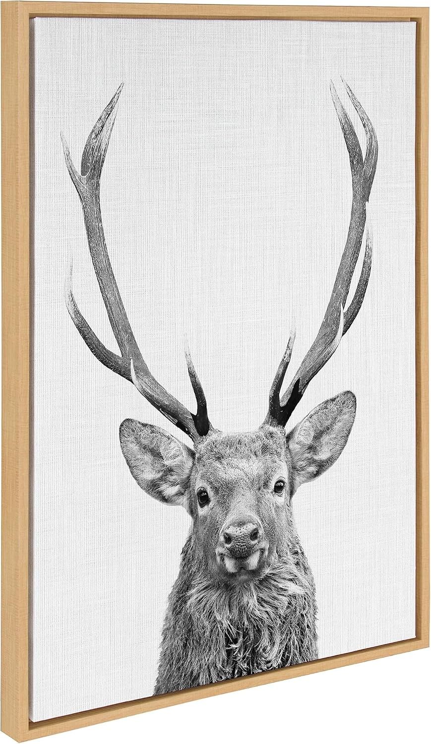 Black and White Deer Portrait Canvas Wall Art with Natural Frame