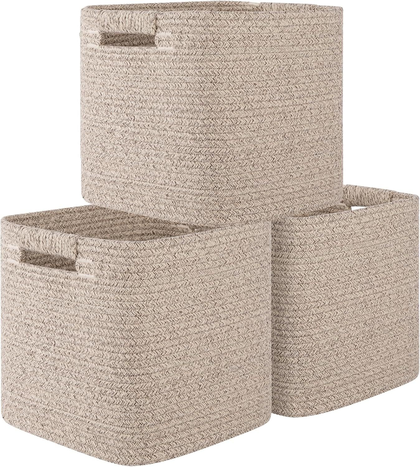 Set of 3 Beige Cotton Rope Woven Storage Bins