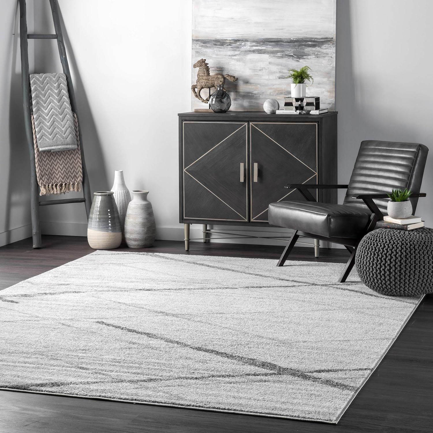Thigpen Gray Abstract 6' Square Synthetic Area Rug