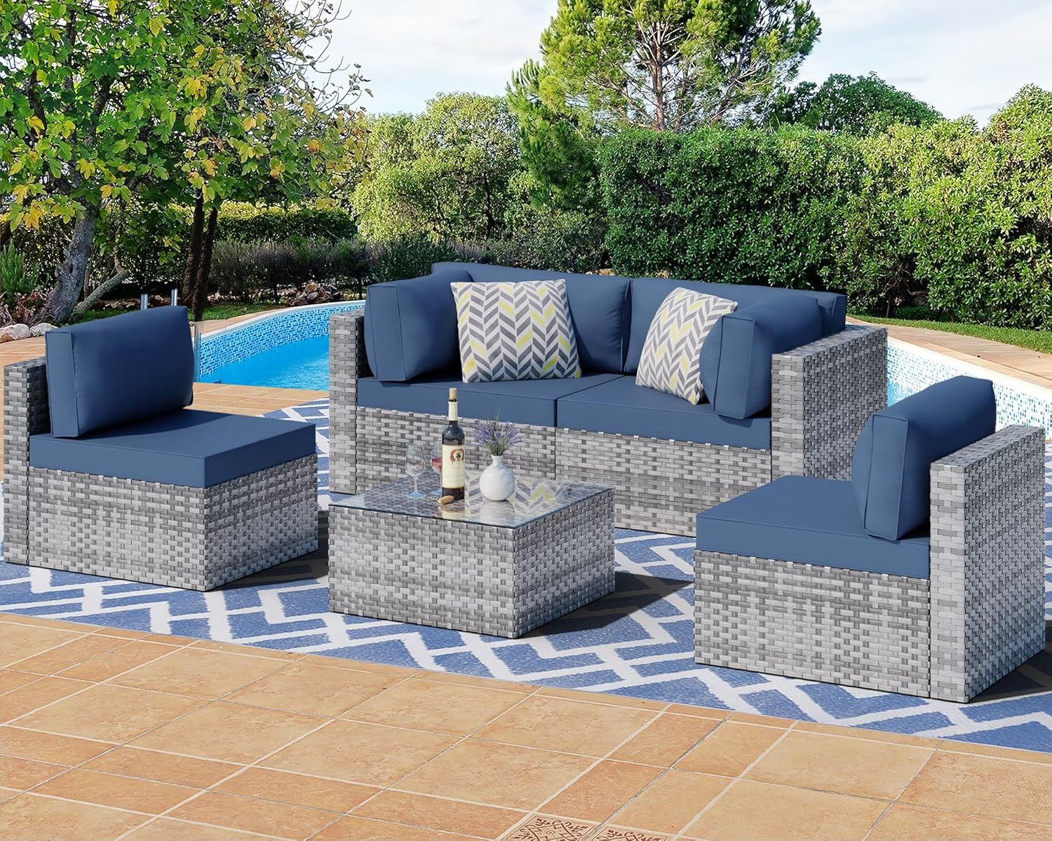 Aegean Blue and Silver 5-Piece Outdoor Sectional Sofa Set