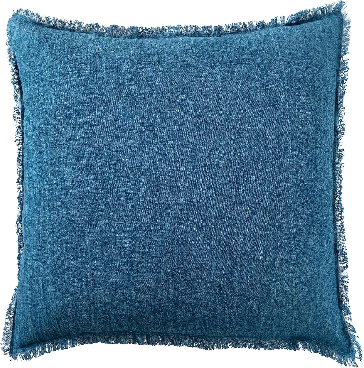 Navy Blue Stonewashed Linen Fringe Square Pillow 20"