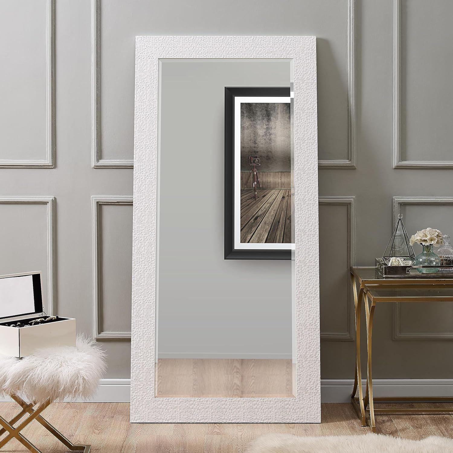 White Mosaic Full Length Rectangular Mirror with Faux Wood Frame