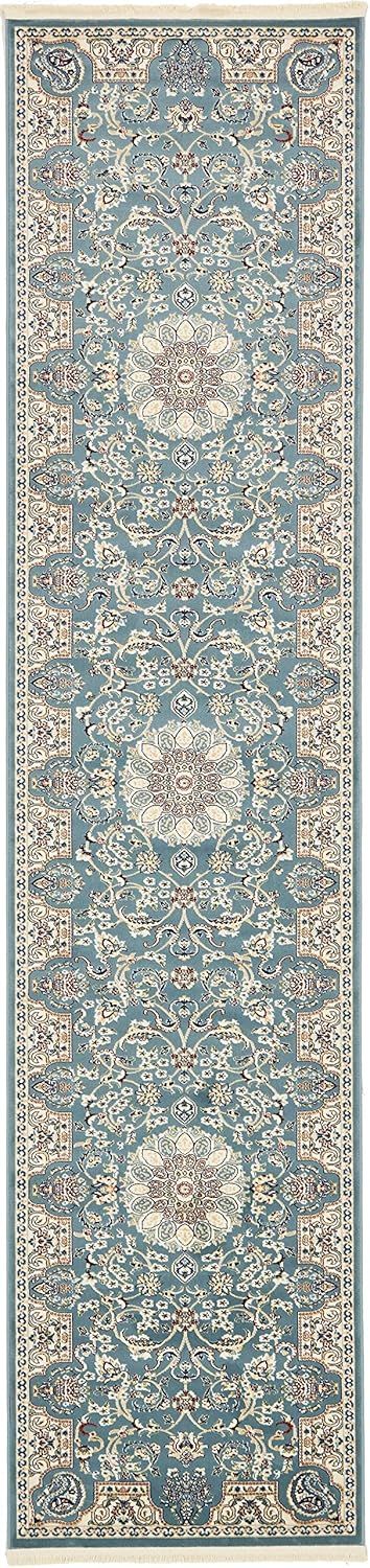 Blue Floral Synthetic Stain-Resistant Runner Rug