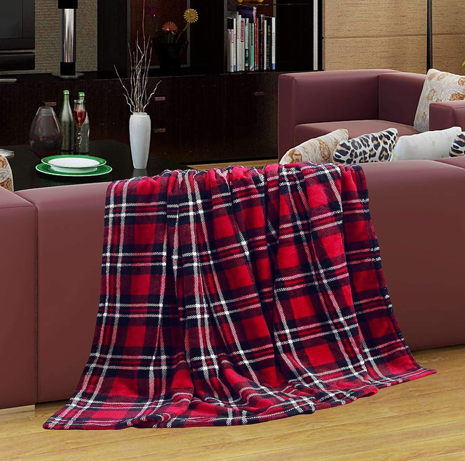 Red Plaid Fleece Throw Blanket, 50 x 60 Inch