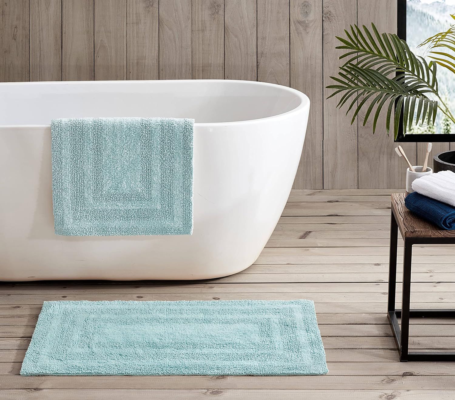 Logan Sea Blue Cotton 2-Piece Machine-Washable Bath Rug Set