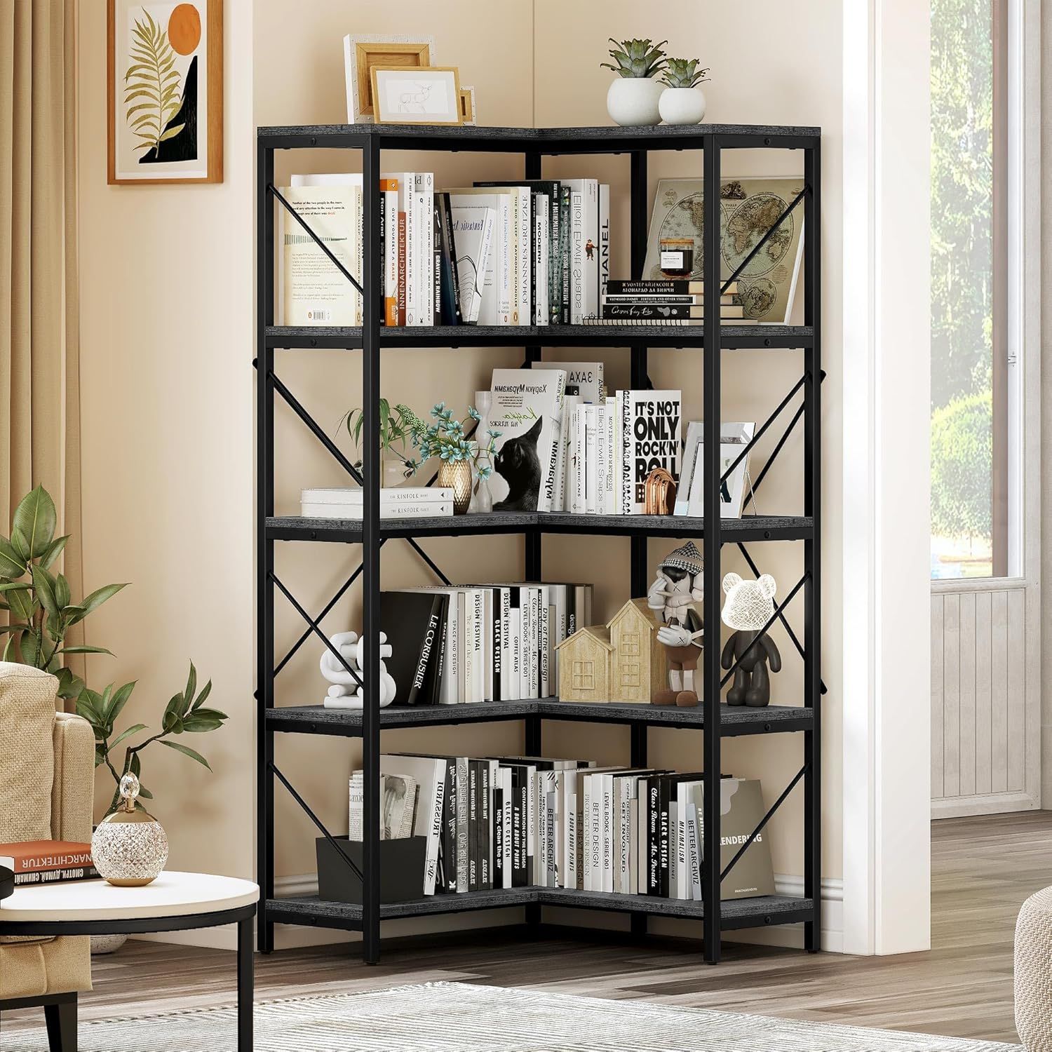 Gray and Black Adjustable 5-Tier Corner Bookshelf