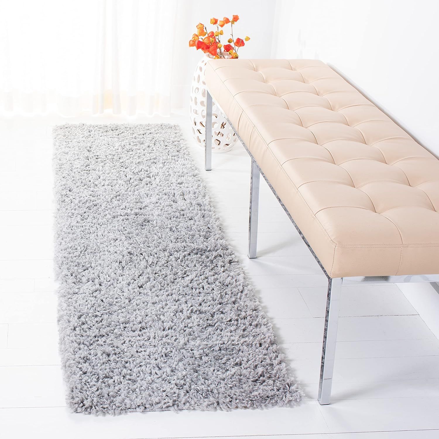 Silver 2' x 11' Shag Runner Rug with Non-Slip Synthetic Fibers