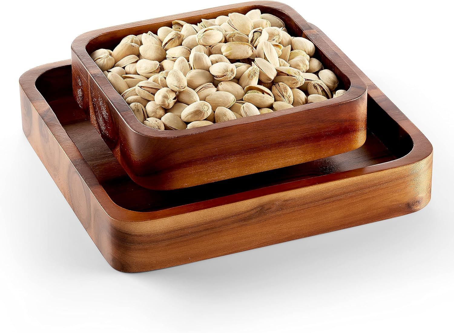 Brown Acacia Wood Double Dish Snack Bowl with Shell Storage