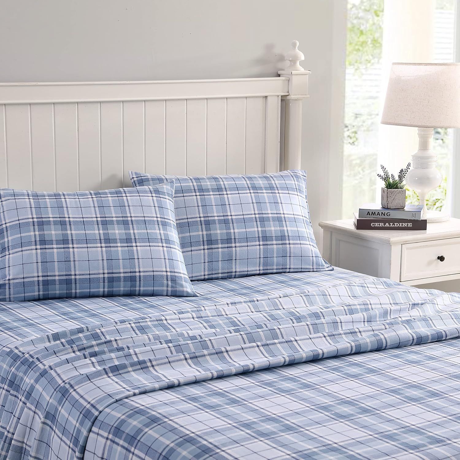 Vanessa Light Blue Cotton Flannel Full Plaid Sheet Set