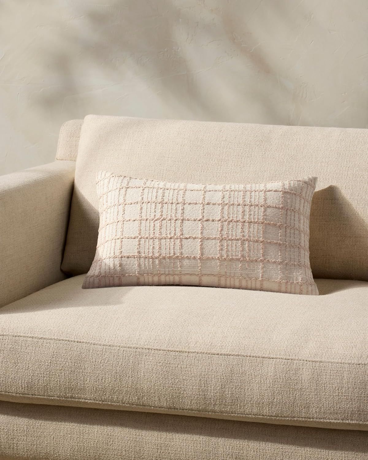 Beige Cotton Windowpane Check Lumbar Pillow 13'' x 21''