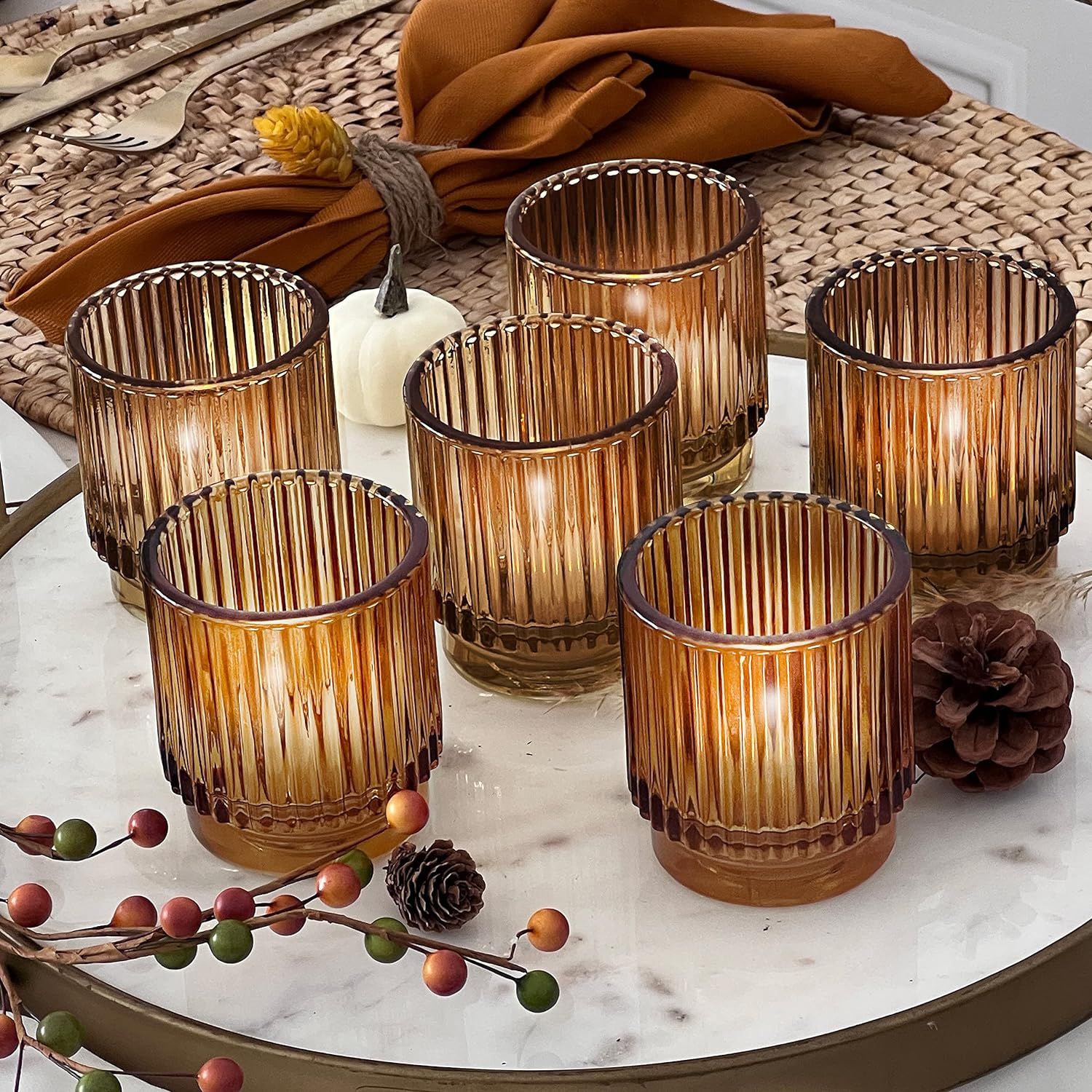 Ribbed Amber Glass Tealight Candle Holders Set of 6