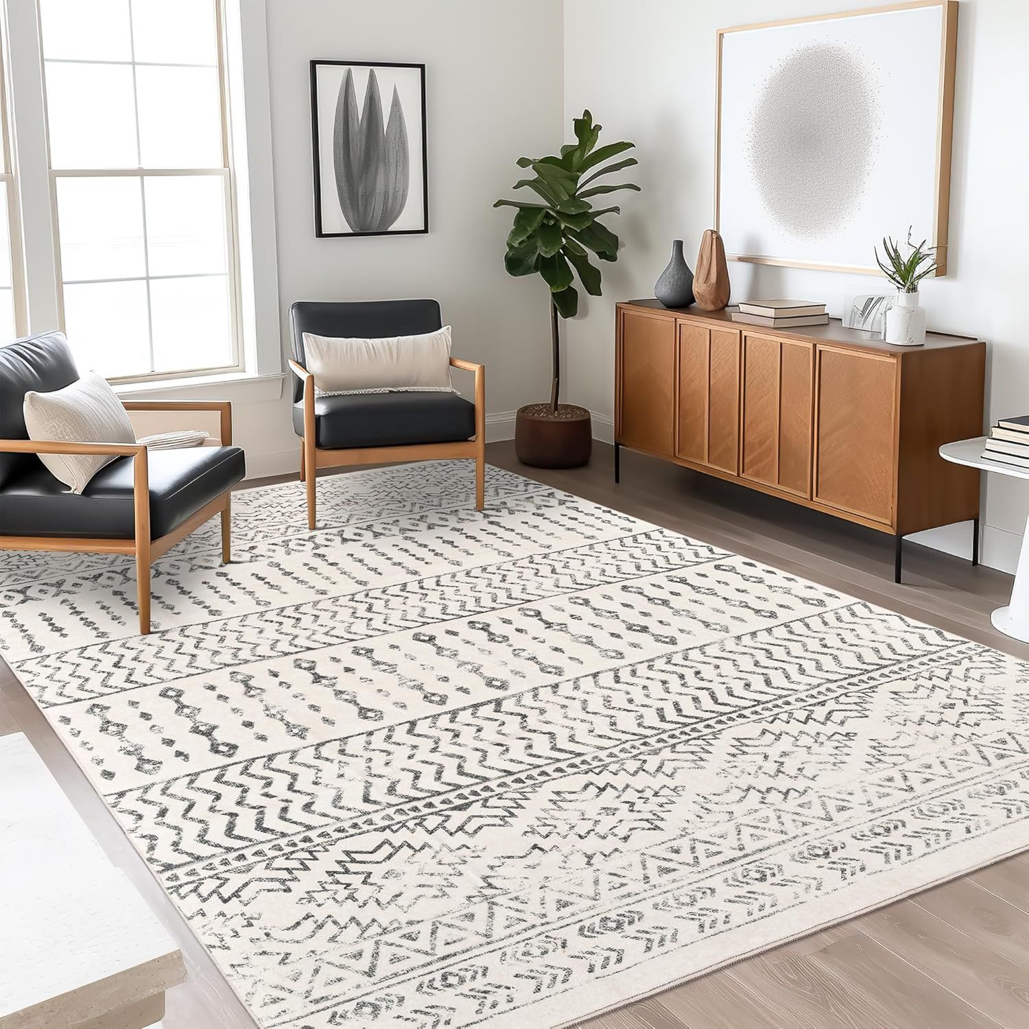 Ivory and Gray Geometric Moroccan Washable Area Rug 5' x 7'