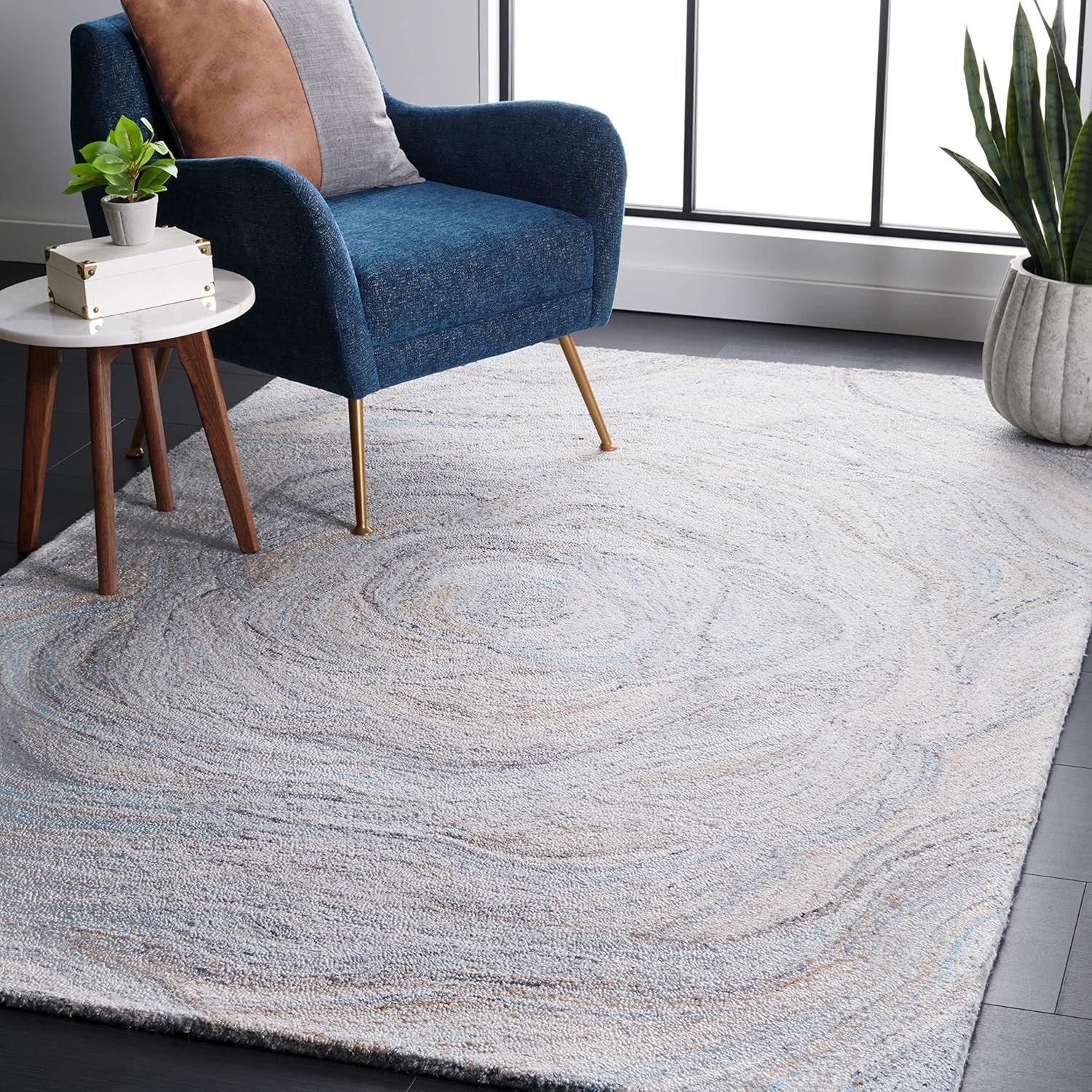 Abstract Beige & Blue Hand-Tufted Wool Blend 6' x 9' Area Rug