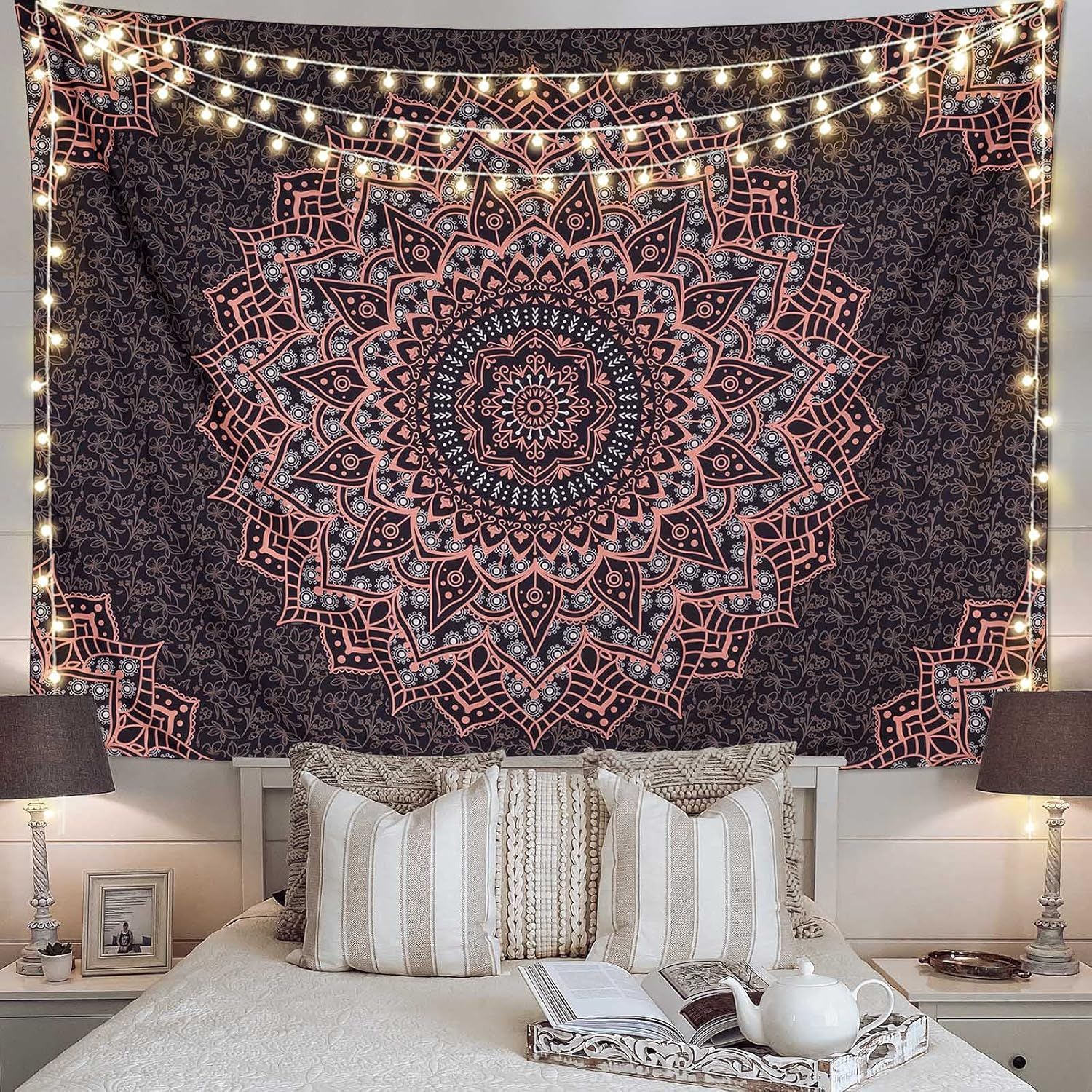 Black and Pink Mandala Polyester Bohemian Tapestry