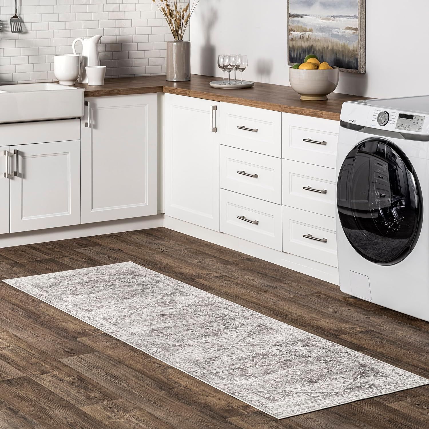 Brielle Gray Medallion Machine Washable Runner Rug