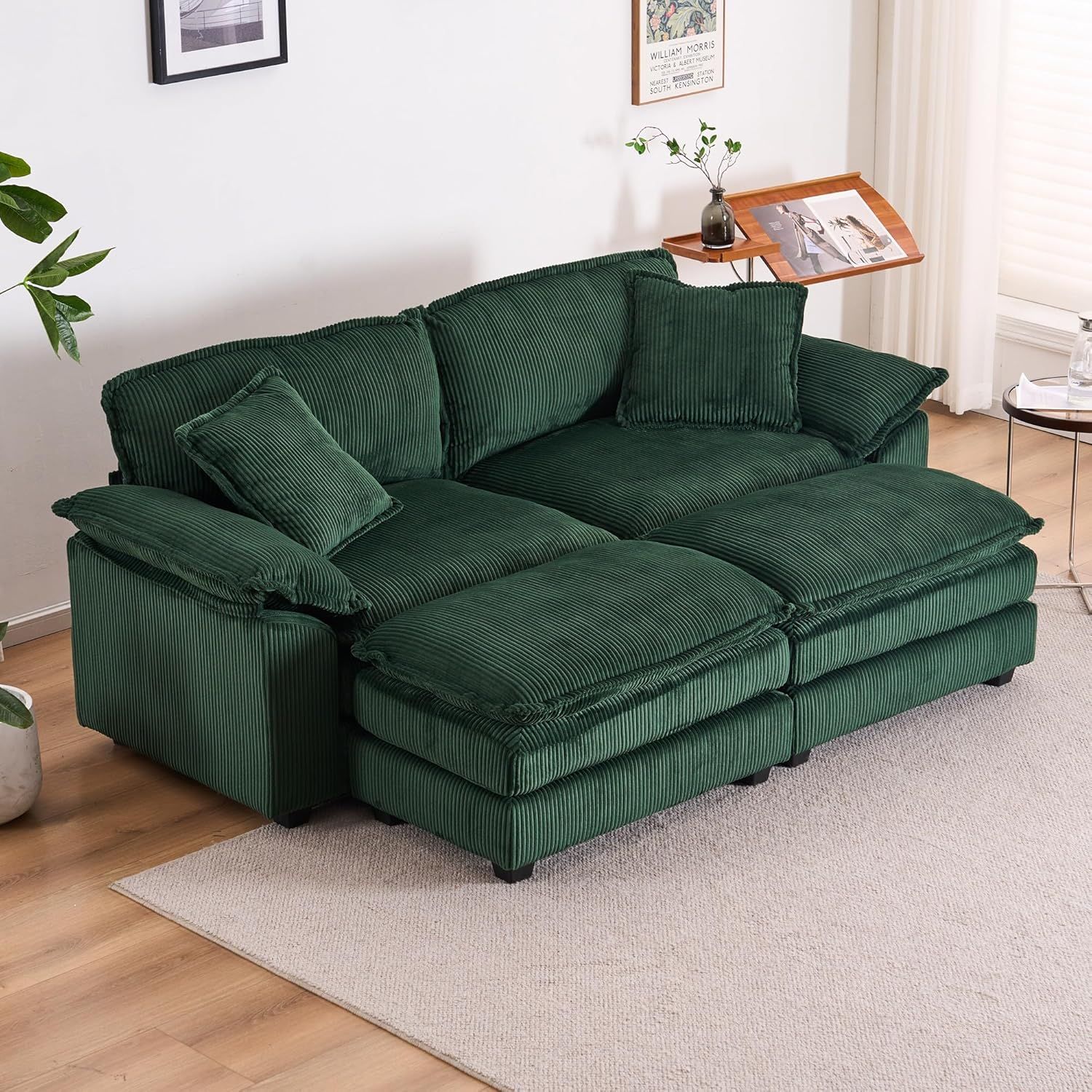 Green Corduroy Loveseat Sofa with Ottomans and Pillows