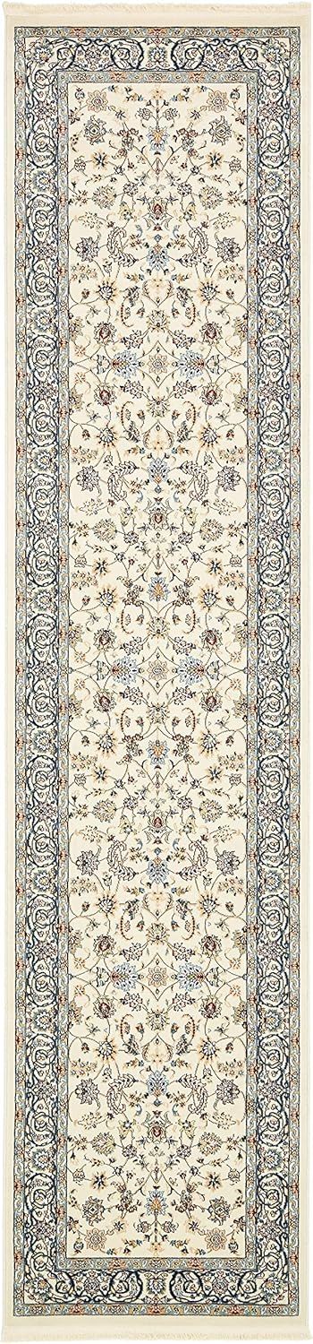 Ivory Floral Synthetic Runner Rug with Persian Motif