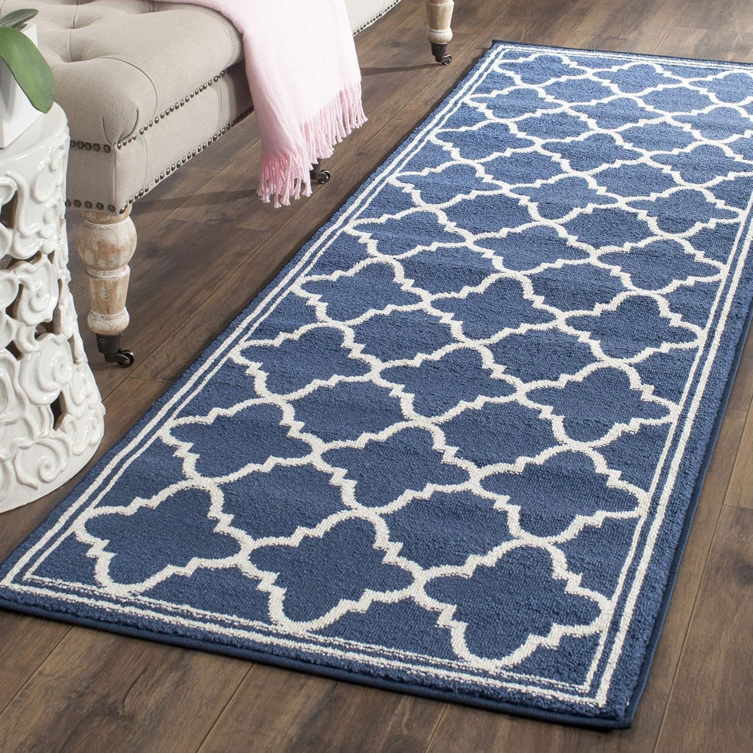 Navy & Beige Geometric Cotton Blend 27"x11" Easy-Care Rug