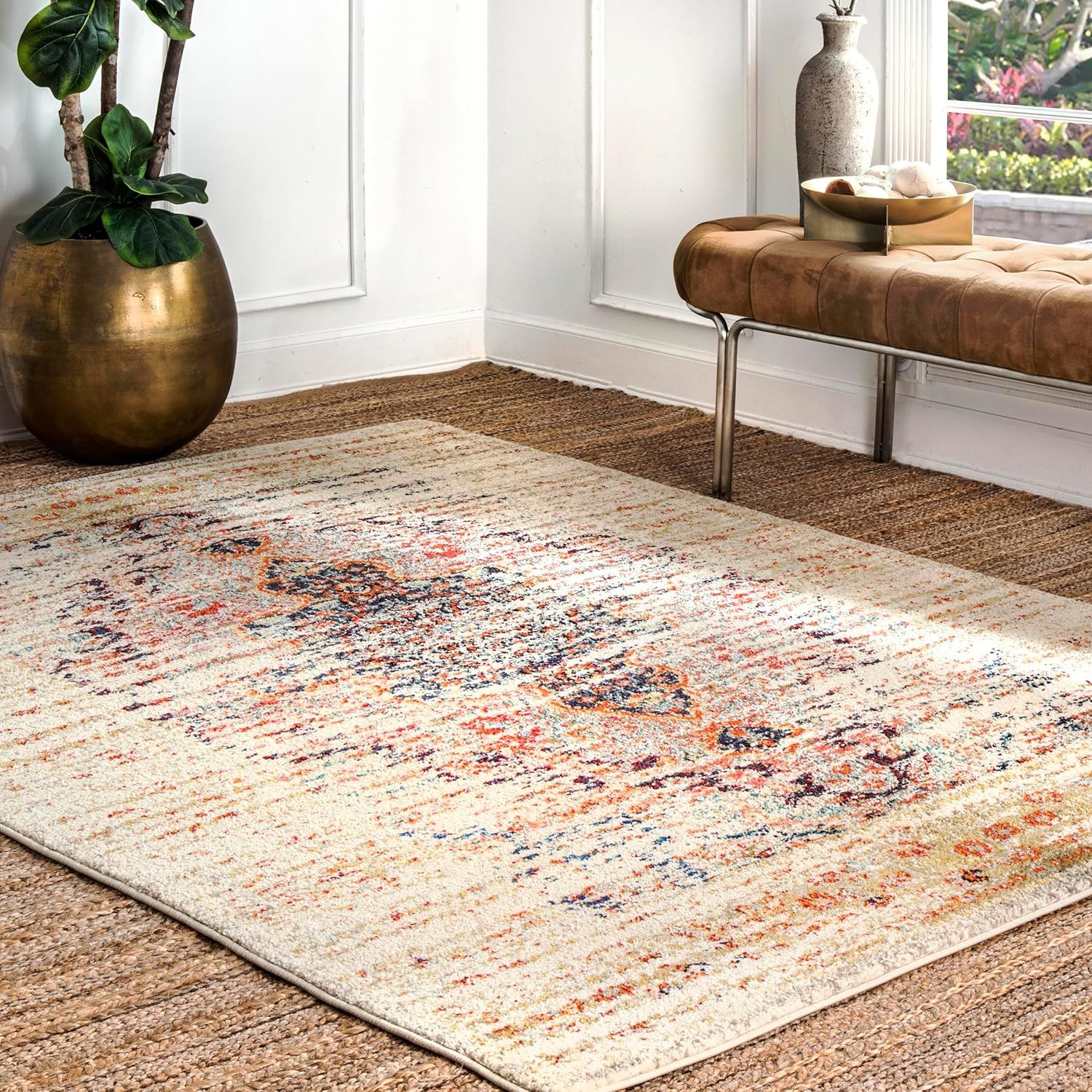 Beige Synthetic Medallion Non-slip Square Area Rug, 5' x 5'