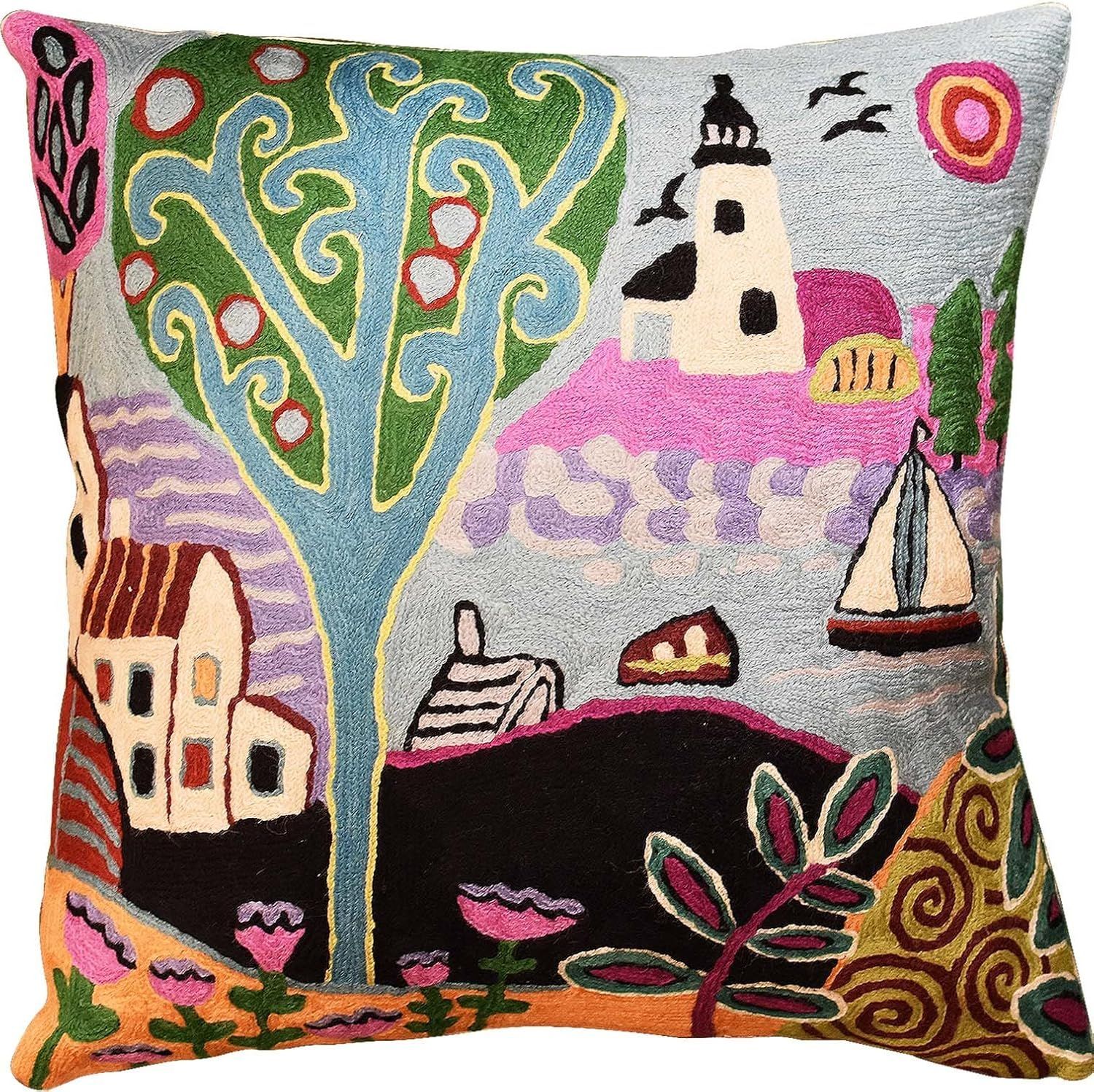 Hand Embroidered Multicolor Wool and Cotton Square Pillow