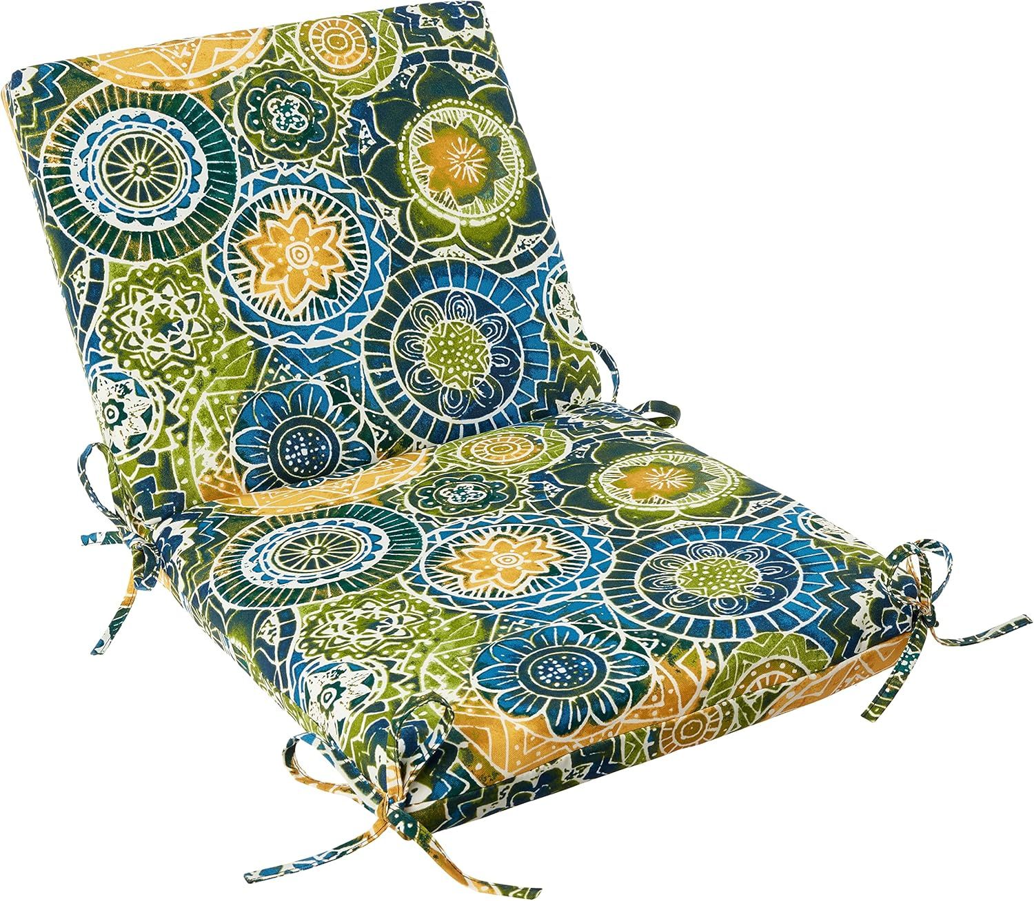 Watercolor Mandalas Outdoor Chair Cushion in Yellow, Blue, and Green