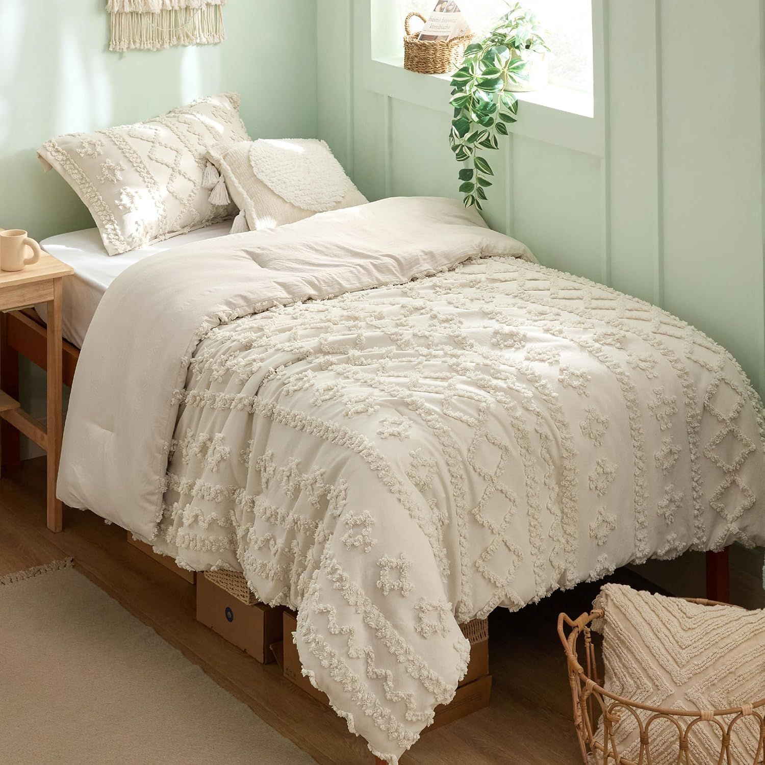 Beige Boho Twin Microfiber Embroidered Comforter Set