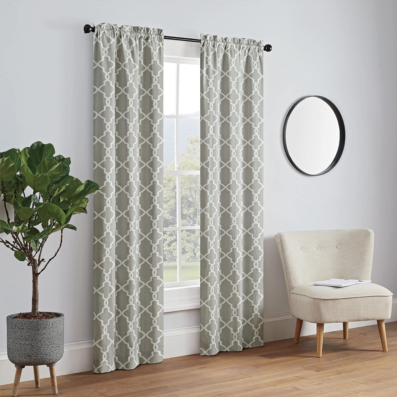 Vickery Gray Trellis Print Rod Pocket Light-Filtering Curtains, 56" x 63"